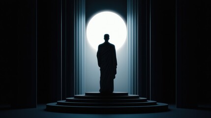 A silhouetted figure stands beneath a bright full moon, surrounded by pillars and stairs, creating a dramatic and mysterious atmosphere.