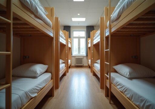 Spacious bunk bed dormitory with natural light in a modern hostel environment