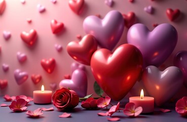 Romantic Valentine Day background with many floating hearts. Soft pink, red shades create lovely ambiance. Red rose, pink candles add touch of romance. Floral elements like petals, flowers scattered