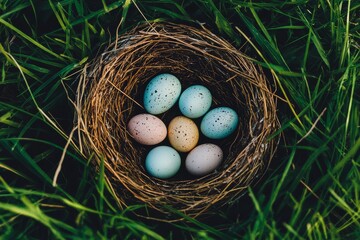 Obraz premium Overhead View of Eggs in a Bird's Nest on Gras