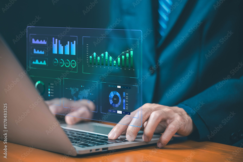 Aufkleber analyst manages the system database reports analyzes data plans and shows a dashboard chart on the computer. concept of research on platform digital technology, analytics business