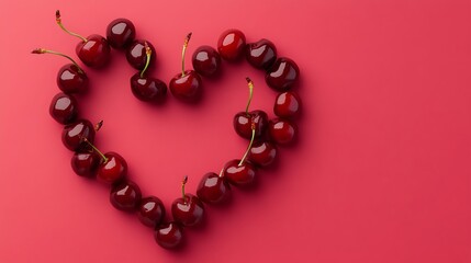 Obraz premium Stunning 3D Render of Chocolate Covered Cherries Arranged in a Heart Shape on a Vibrant Pink Background for Food Photography Enthusiasts and Designers