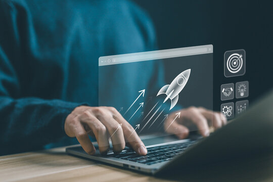 launch rocket start flying up of entrepreneurship, startup concept. strategy startup growth, network line connection global. idea of leadership plan development, business projects digital technology