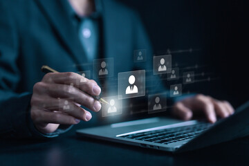 human resource manager, managing people, hiring and recruitment process. concept of HR recruiting customers, company service, network links worldwide, and online digital technology for human managers