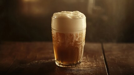 Classic pint of light beer with foam on a vintage wooden surface, moody dark background enhancing the golden glow.
