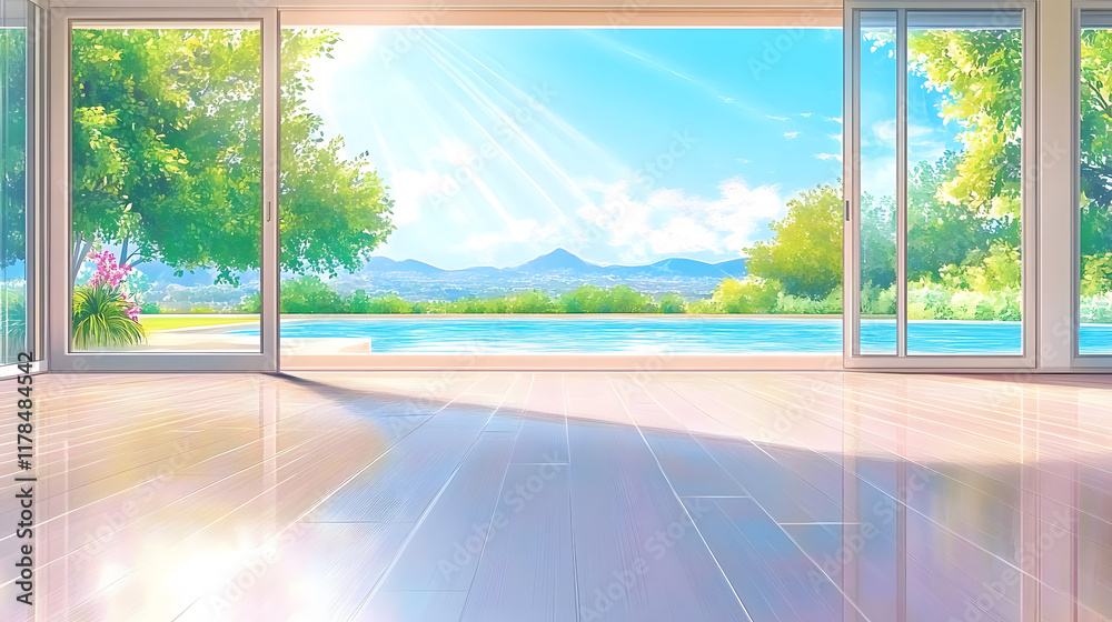 Poster a serene interior view features sunlight streaming through large windows, showcasing lush greenery a