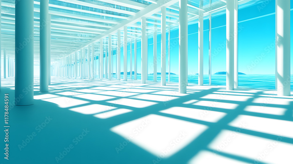 Poster a bright, serene architectural space with white columns and shadows, featuring a vast blue backdrop 
