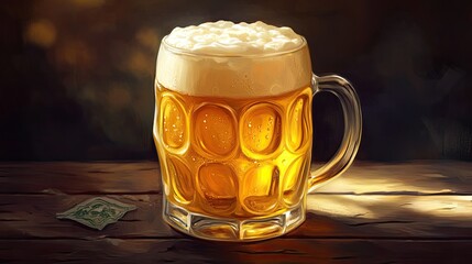 Close-up of a frothy pint of golden beer on an aged wooden surface, with soft lighting and a dark, blurred background.