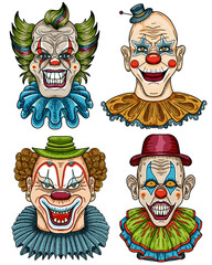 Hand drawn colorful design set of scary, crazy clowns with painted faces, red lips, funny hair for mascot, t-shirt, stickers, clipart isolated on white. Vector cartoon illustration