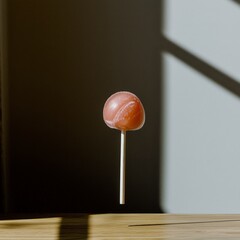 Red Lollipop on Wooden Table  Minimalist Candy Photography