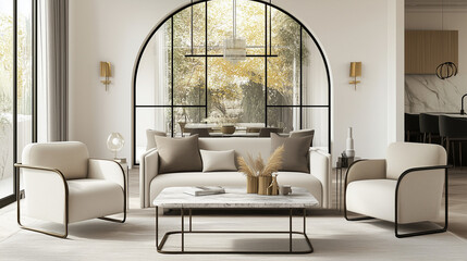 interior design mood board for a modern living room with light beige furniture colors, pillows in brass brown, gray and white, mixed with brass coffee table - dining with a marble rectangle table top 