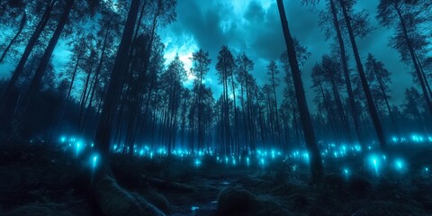 Forest at night with glowing trees. The idea behind the image is to capture the beauty of nature