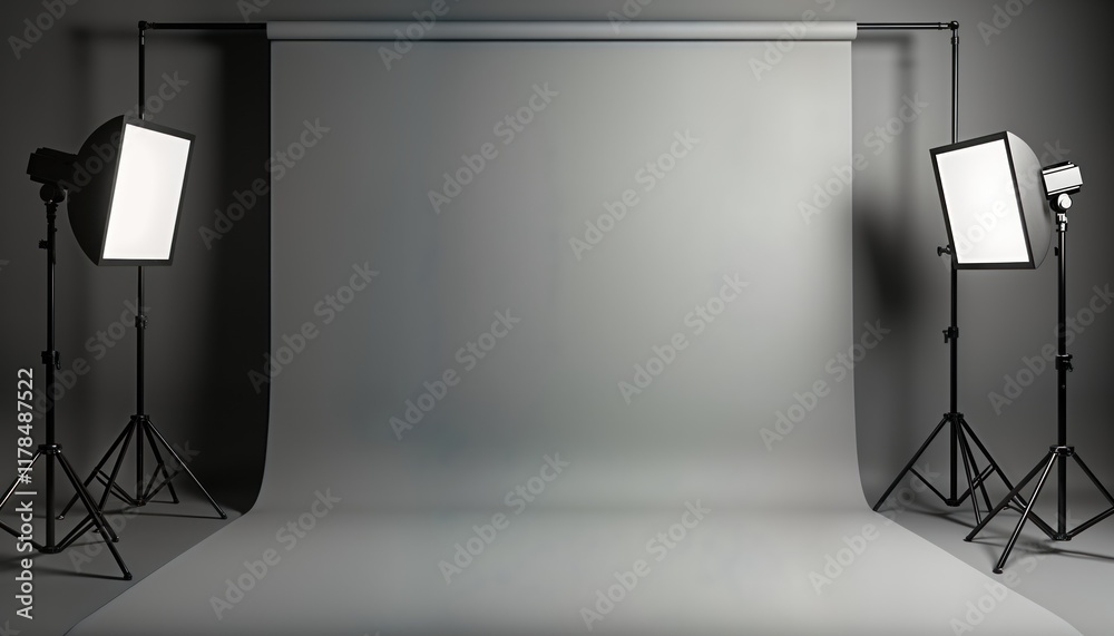 Poster empty photo studio with gray paper backdrop, professional lighting. studio setup ready for product p