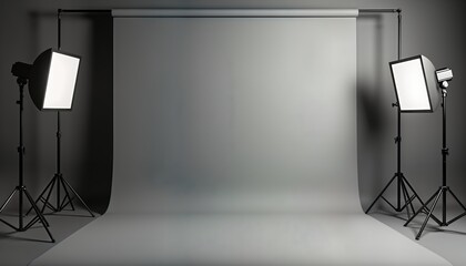 Empty photo studio with gray paper backdrop, professional lighting. Studio setup ready for product photos general commercial work. Clean minimalist design. Modern backdrop. Versatile background for