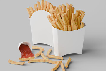 Blank french fries packaging mockup with ketchup