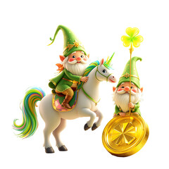  cute st patricks day leprechaun riding magical unicorn with rainbow mane and golden coin digital art illustration, generative ai
