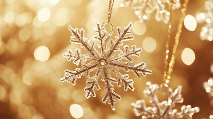 Sparkling silver snowflake ornaments hanging against a warm, bokeh background.
