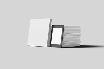 Blank stacking square book mockup with ebook reader device