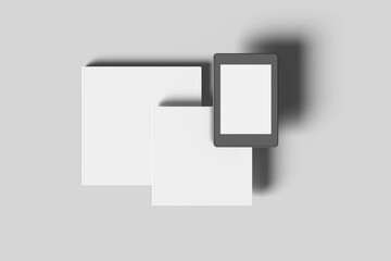 Blank square book with ebook reader device mockup
