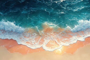 Obraz premium Aerial sunset beach view, waves crashing on sandy shore, tranquil ocean background.