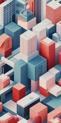 Obraz premium A stylized cityscape featuring abstract geometric buildings in bold red and blue hues, showcasing modern urban architecture.