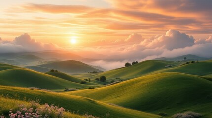 Obraz premium Panoramic Drone View of Soft Clouds Glowing in Orange and Pink Shades