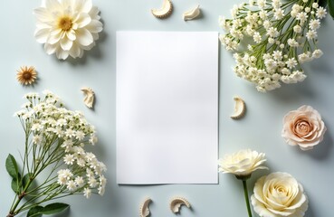 Blank wedding invitation card mockup decorated with dry gypsophila flowers. Elegant, stylish design. Natural, trendy aesthetic. Perfect for marriage invitations. Creative card with botanical