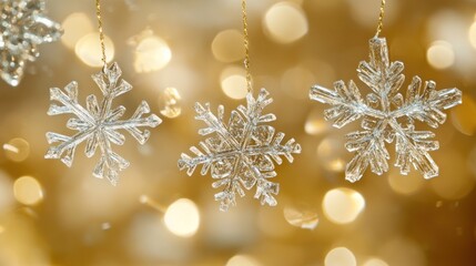Three crystal snowflake ornaments hanging against a bokeh background.