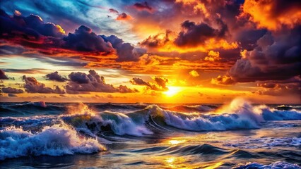 Dramatic Sunset Over Turbulent Ocean Waves - AI Art