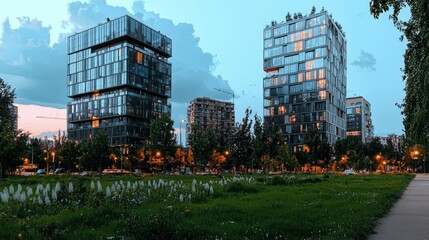 Obraz premium Serene Twilight Cityscape Modern Architecture Urban Greenery Peaceful Park
