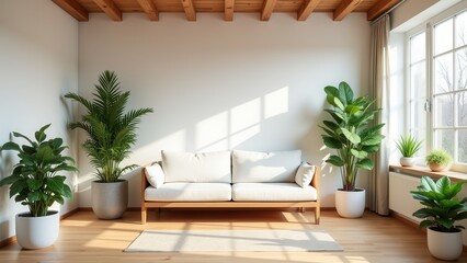 Cozy living space with plush white-cushioned sofa against crisp white walls. Wooden beams and ceiling add warmth, surrounded by lush greenery from three potted plants on each side