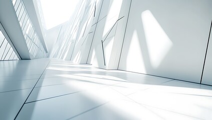 Modern white building interior, sunlight, spacious hallway, architectural design, corporate office.