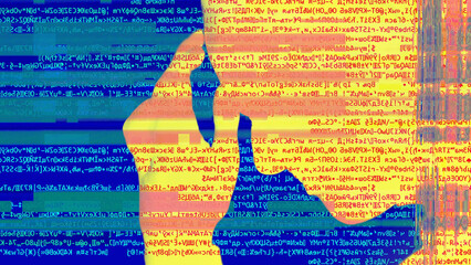 Digital stress. Emotional glitch. Colorful distortion encryption in double exposure profile...