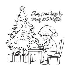 May your days be merry and bright!, A child writing letter to santa outline vector