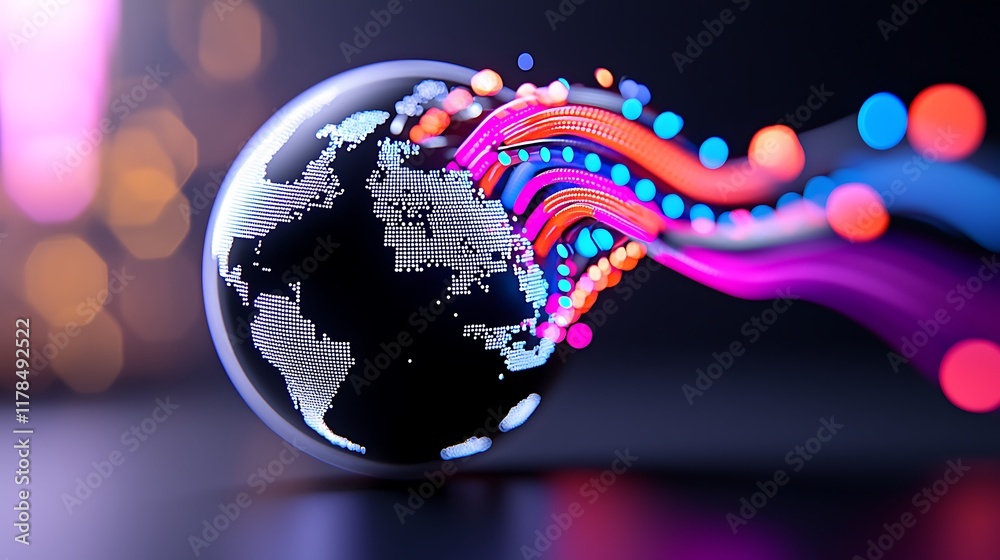 Poster global network connection, data streams flowing from earth.