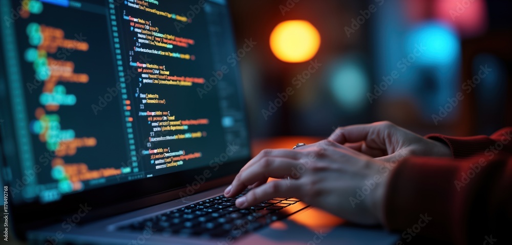 Aufkleber Person typing on laptop keyboard. Coding on screen. Pro software development work. Focus on detail, precision. Hands on laptop keyboard in close-up. Night-time work environment. Focus on development,