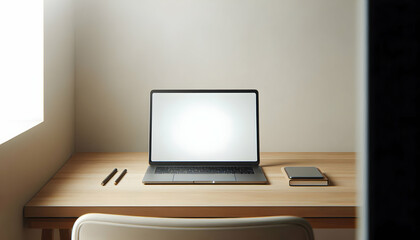 Fototapeta premium Education A front-facing view of a laptop with a blank white screen on a desk, against a plain wall The laptop1