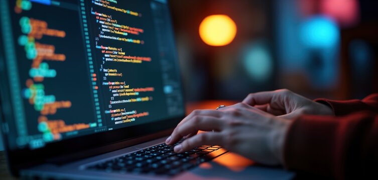 Person typing on laptop keyboard. Coding on screen. Pro software development work. Focus on detail, precision. Hands on laptop keyboard in close-up. Night-time work environment. Focus on development,