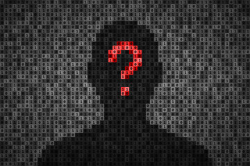 Silhouette of person and question mark over binary code background