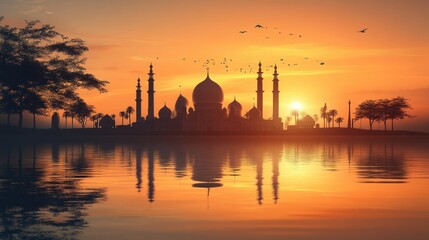 A serene sunset silhouette of a mosque reflected in water, evoking peace and spirituality.