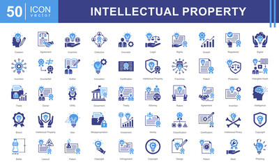 Intellectual Property icon collection set. Containing human intelligence, innovation, creation, idea, ip, legal, invention, certification, patent icon.
