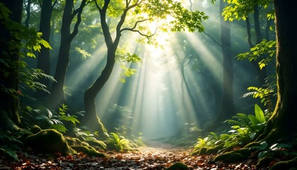 Sunbeams Illuminating a Mystical Forest Path