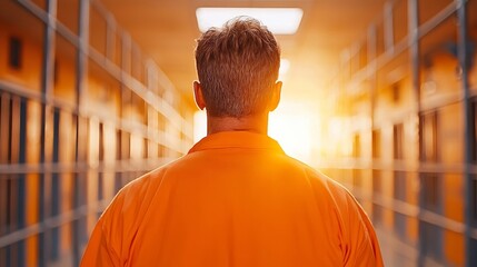 Prisoner's Hope: A lone figure in an orange jumpsuit walks down a prison corridor, bathed in the warm light of the setting sun, symbolizing hope and the possibility of redemption. 