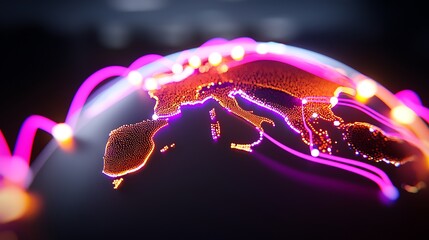 Glowing lines connecting points on a 3D Earth model, emphasizing global connectivity.