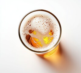 Golden Hour Lager: A refreshing glass of golden beer, captured from above, showcasing its effervescence and rich amber hue. The perfect image for beer blogs, brewery websites.