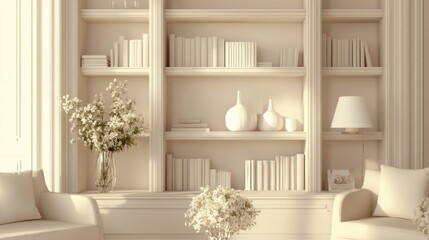 A minimalist living room with bookshelves, vases, and floral arrangements.