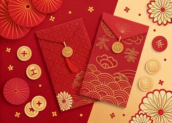 pattern with flowers with dragon scales and phoenix feathers in vibrant red and gold, displayed on a black background