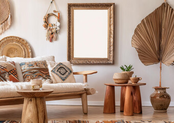 Blank ornate wooden frame mock up in a bohemian living room, with flowers and vase, batik background, eclectic decor