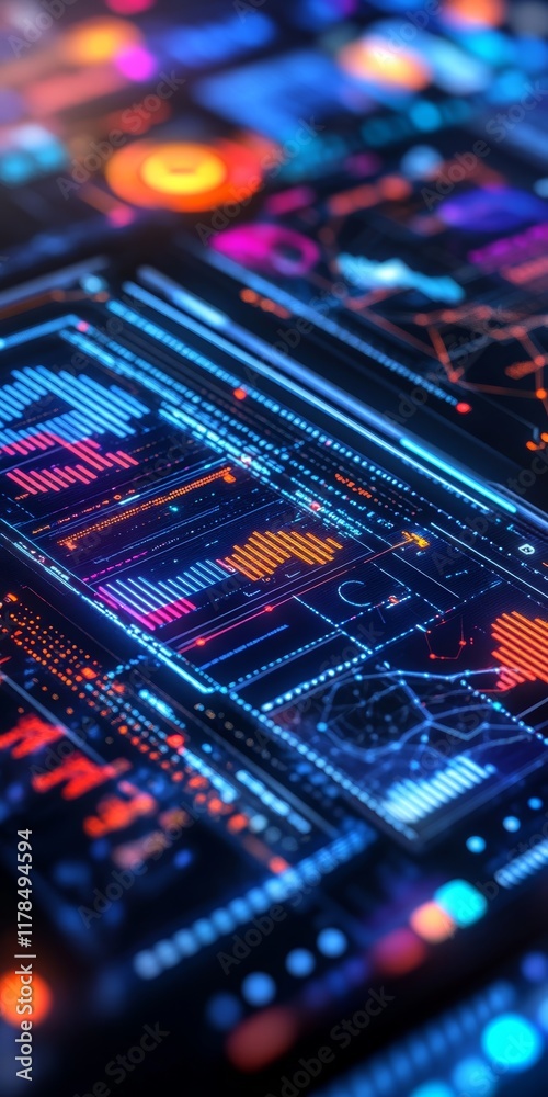 Poster a high-tech digital interface showcasing vibrant data visualizations and graphs, perfect for technol