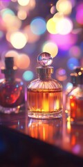 A stunning arrangement of elegant glass perfume bottles against a colorful bokeh background, capturing the essence of luxury and beauty in a stylish composition.